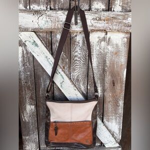 The Sak Leather Tri Color Brown Crossbody Shoulder Bag Adjustable Canvas Strap